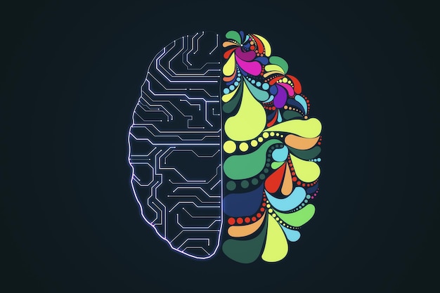 Circuit et croquis de cerveau coloré sur fond sombre