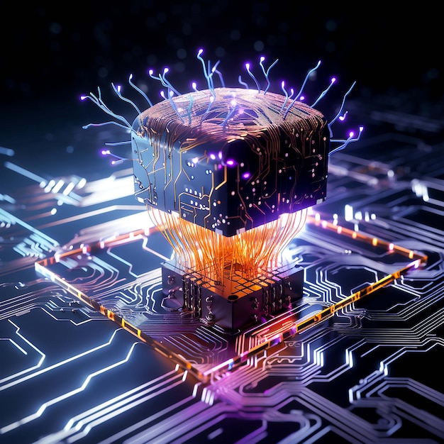 Circuit cyberspace gros plan avec des lumières au néon Jeune femme adulte dans futuriste généré par l'IA
