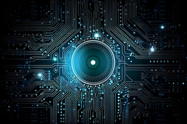 Un circuit imprimé bleu et vert avec un cercle au centre qui dit "électronique"