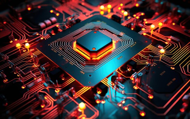 circuit imprimé futuriste avec unité centrale de traitement informatique à effet lumineux