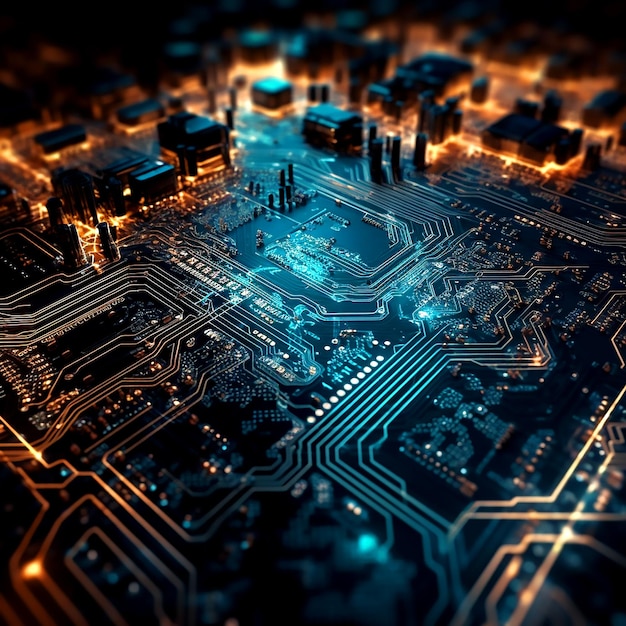 Circuit imprimé moderne abstrait avec une ligne rougeoyante sur un thème sombre