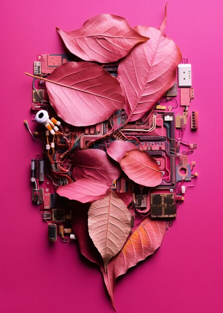 Photo un circuit imprimé rose avec des feuilles dessus