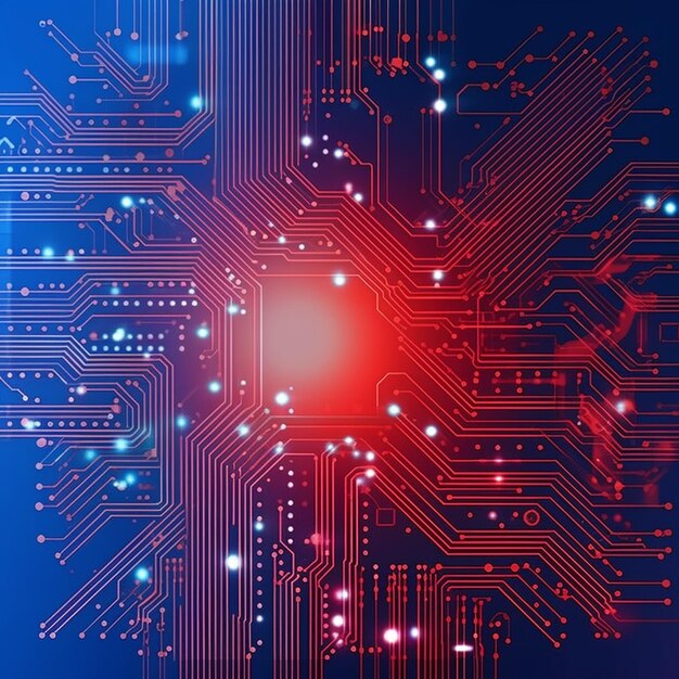 Un circuit informatique avec un fond rouge et bleu.