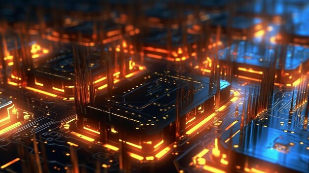 Circuits imprimés incandescents dans une rangée technologie futuriste