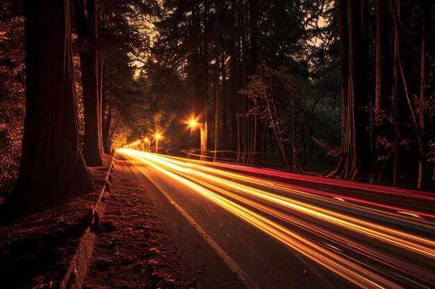 La circulation dans la forêt la nuit Des traces de lumière sur la route