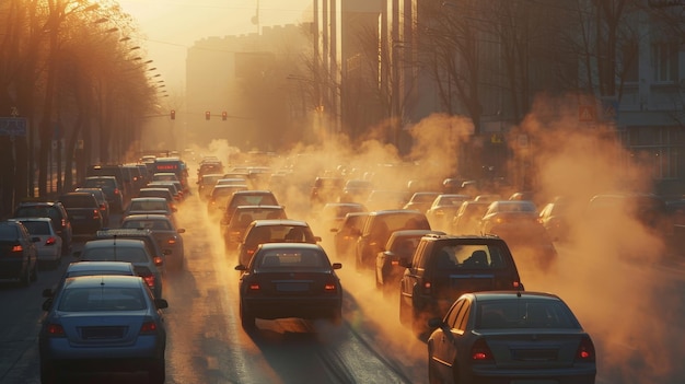 Photo la circulation s'enfonce dans le tuyau d'échappement de la voiture avec de la fumée qui sort et des nuages polluants de fumées d'échapement s'élèvent dans l'air