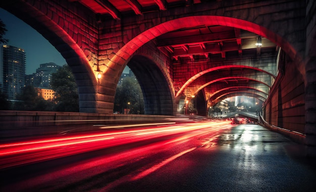 Circulation urbaine sous le pont avec la route des sentiers de lumière
