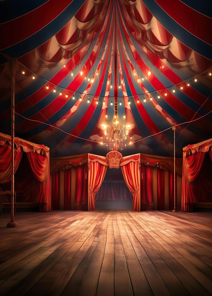 Photo un cirque sur scène avec une tente rouge et jaune avec des lumières dessus