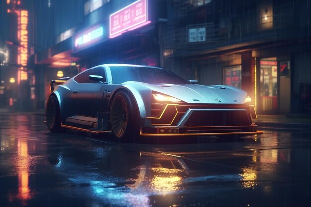 Cité nocturne cyberpunk sous la pluie avec une voiture futuriste et des reflets doux de traçage des rayons de brouillard