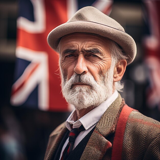 citoyen britannique stéréotypé avec un arrière-plan du drapeau anglais