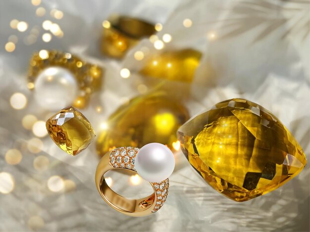 citrine jaune perle blanche naturelle et bagues en or sur fond blanc bijoux de luxe pour femmes