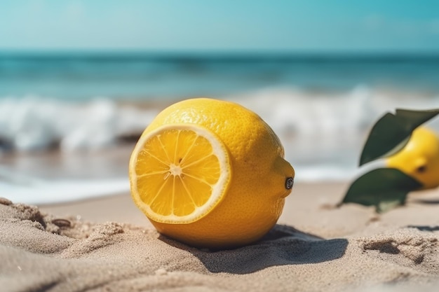 Un citron assis au sommet d'une plage de sable AI générative