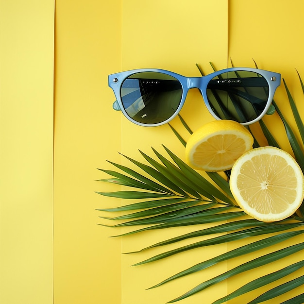 Photo citron dans des lunettes de soleil élégantes avec des feuilles de palmier sur du papier jaune pastel arrière-plan à la mode des vacances à l'étage moderne à l'été à l'état plat concept avec de l'espace pour le texte drôle et juteux