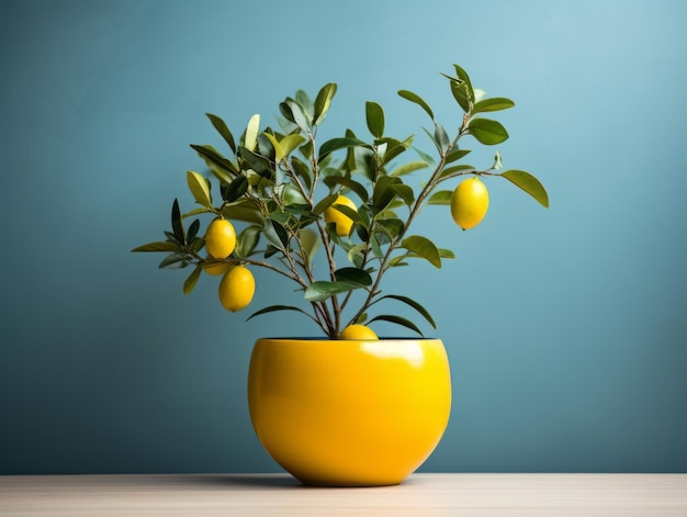 citron dans un pot jaune sur un fond bleu