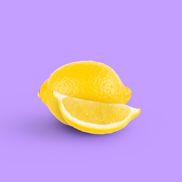 Citron entier et un concept de tranche sur fond violet