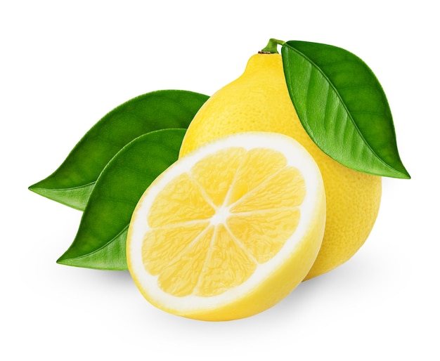 Citron entier et coupé en deux avec des feuilles Chemins de détourage pour les objets et les ombres Profondeur de champ infinie