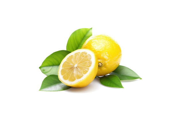 Citron entier et tranche avec des feuilles isolées sur fond blanc