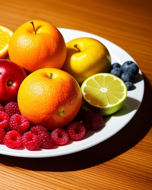 Un citron est sur une assiette avec un citron et des framboises.