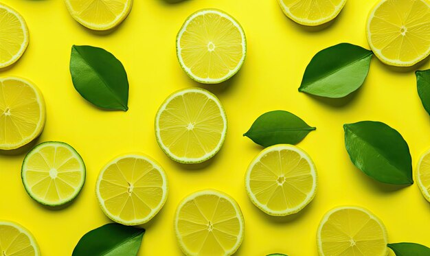 Citron avec feuilles papier peint Tranche d'agrumes sur fond jaune Pour bannière carte postale livre carte d'illustration