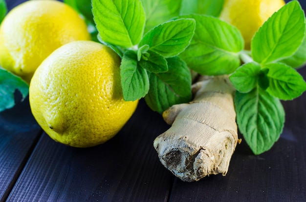 Citron frais, menthe et racine de gingembre sur la table