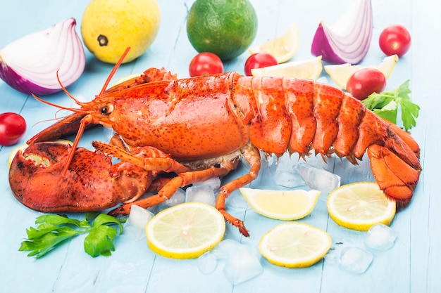 Citron et homard de Boston frais sur la glace