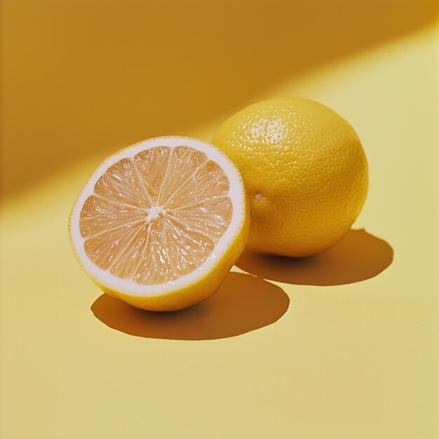 Le citron jette une ombre sur une surface jaune avec une esthétique minimaliste qui est parfaite pour la santé et