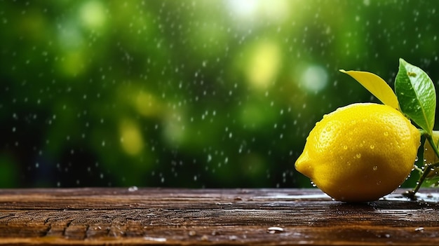 Photo un citron sur une table en bois avec un fond vert et un fond vert.