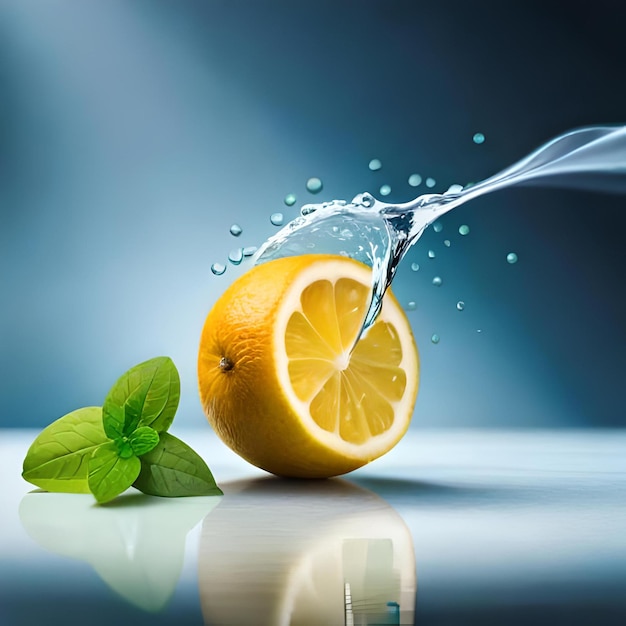 Un citron et une tranche de citron sont éclaboussés d'eau.