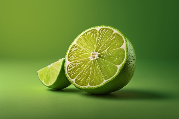 Un citron vert coupé en deux avec un fond vert.