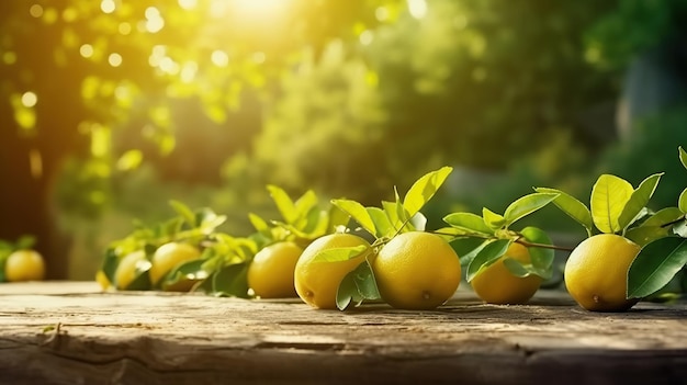 Des citrons dans un verger sur une table en bois en arrière-plan AI générative