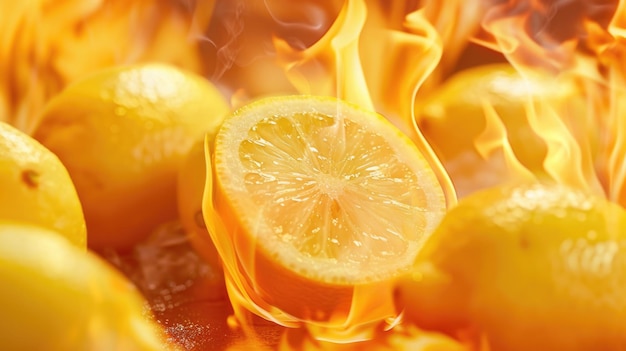 Photo des citrons en flammes dans le feu et la chaleur en gros plan