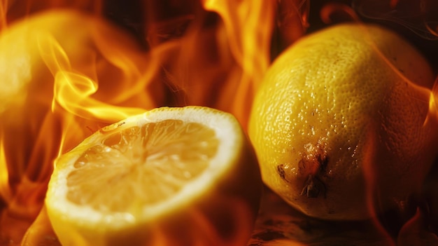 Des citrons en flammes dans le feu et la chaleur en gros plan