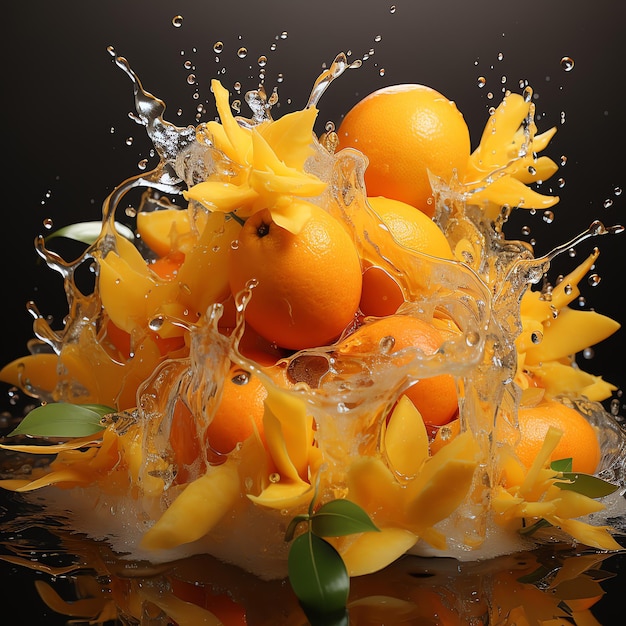 Des citrons frais et des mangues jaunes éclaboussés d'eau