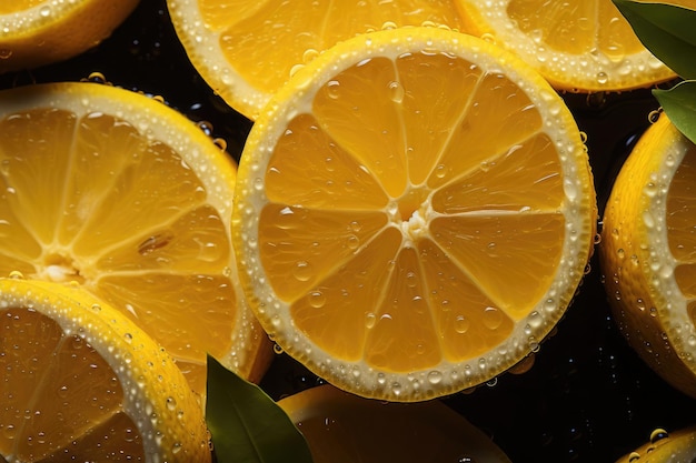 Des citrons frais tranchés avec des gouttelettes d'eau vibrantes et juteuses sur un fond sombre parfait pour un concept rafraîchissant