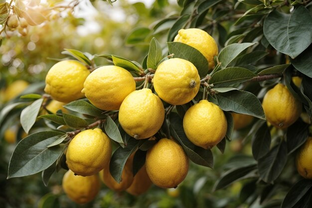 Citrons jaunes frais sur une branche