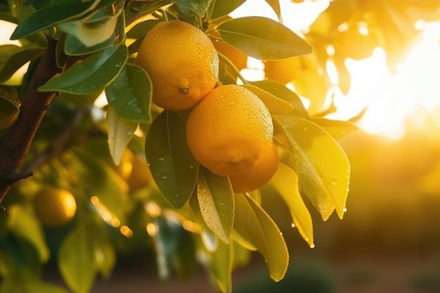 Citrons jaunes mûrs sur citronnier Agrumes frais aux feuilles vertes