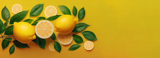 Citrons juteux mûrs feuilles orange et vertes sur un fond jaune vif