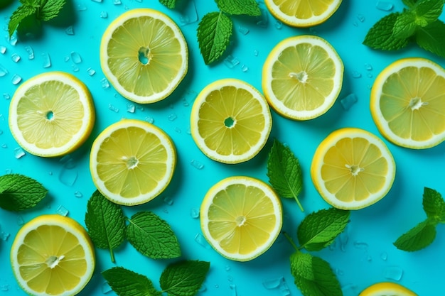 Citrons et menthe sur fond bleu