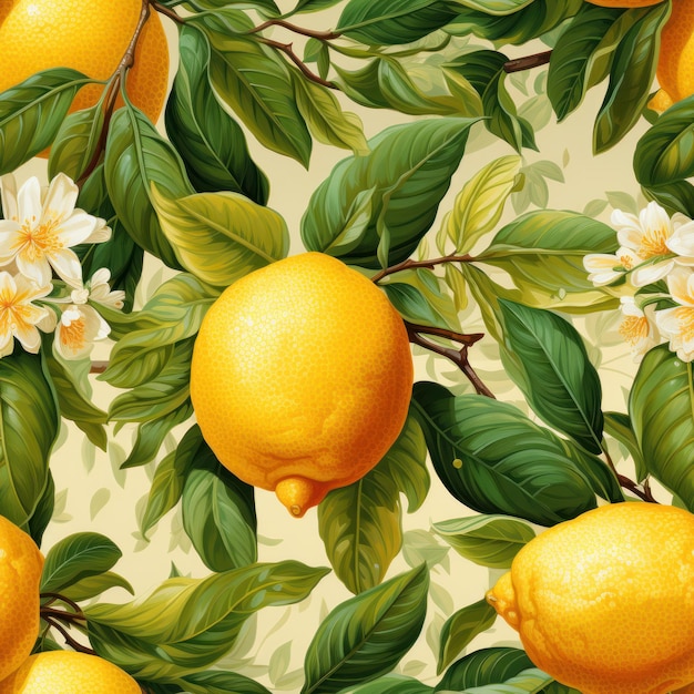 Photo citrons de style méditerranéen avec floraison sur motif sans soudure de fond bleu