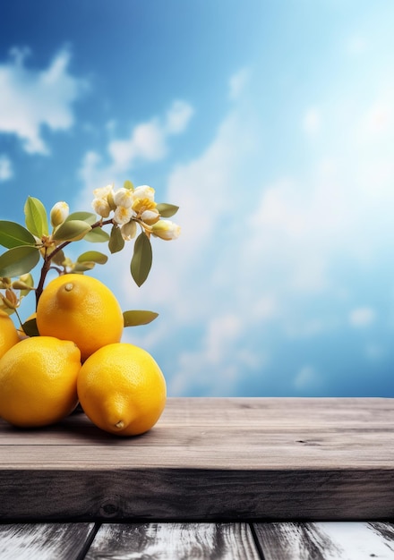 Citrons sur une table en bois sur un fond de ciel bleu