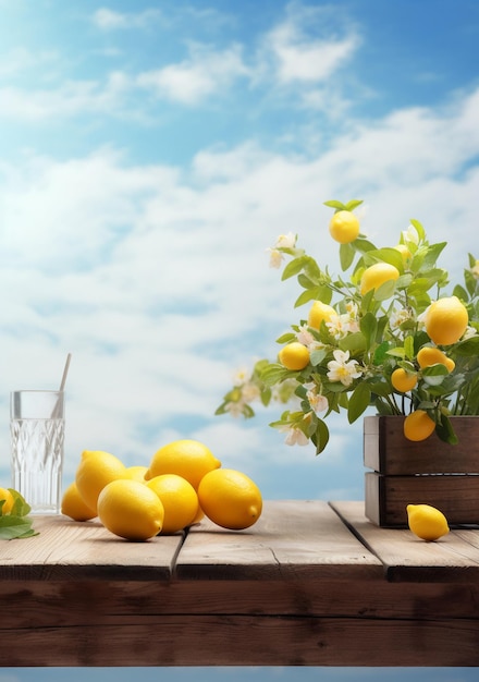 Citrons sur une table avec un ciel bleu en arrière-plan