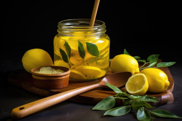 Des citrons tranchés dans un pot en verre avec une cuillère en bois