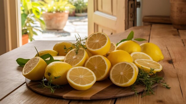 Des citrons tranchés sur une table en bois.