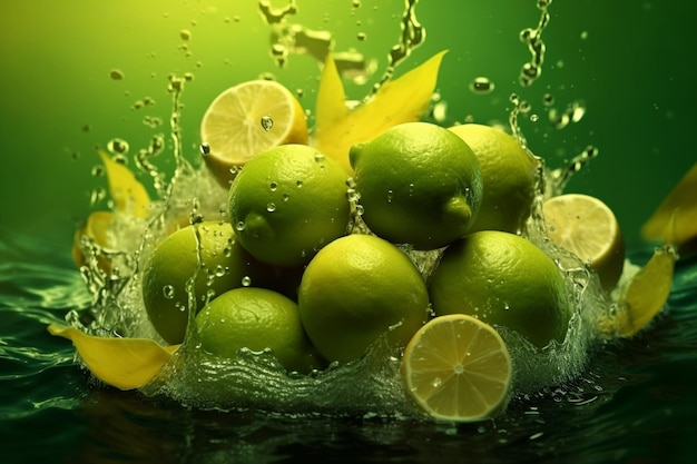 Citrons verts frais éclaboussant dans l'eau photographie alimentaire