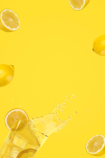 Citrons volants verticaux et un verre de limonade fraîche avec des glaces