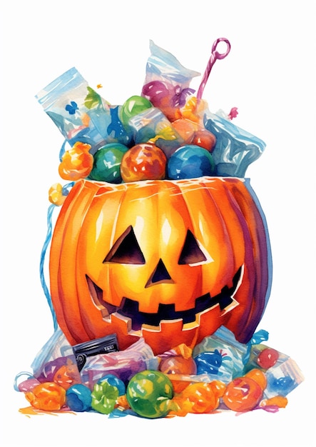 citrouille arafée remplie de bonbons et de sacs de bonbons assis au sommet d'un tas de bonbons ai génératif