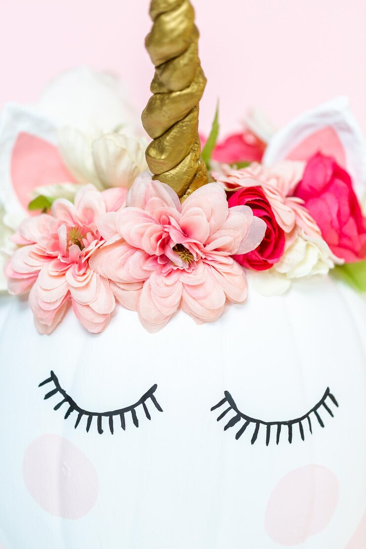 Photo citrouille artisanale peinte en blanc et décorée de fleurs roses en licorne sur fond rose.