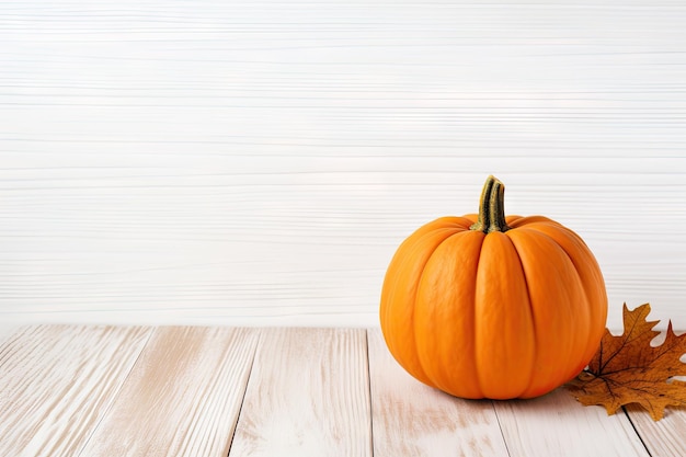 Citrouille d'automne affichée sur bois blanc avec zone vide