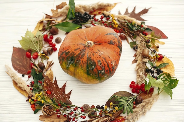 Citrouille en automne guirlande de feuilles d'automne baies rouges glands anis noix fleurs d'automne sur bois blanc Joyeux Thanksgiving Ambiance d'automne confortable Saisons carte de voeux