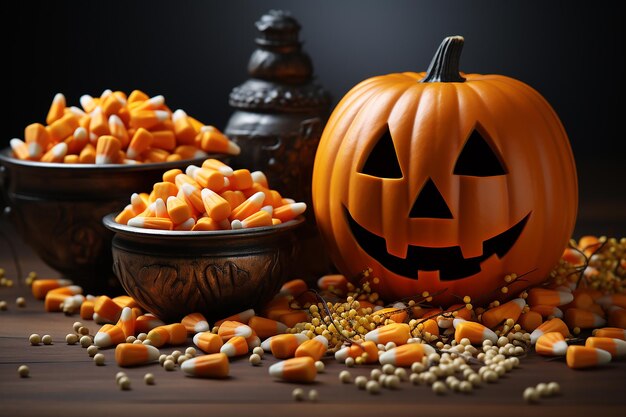 Citrouille avec bonbons sur fond gris pour Halloween